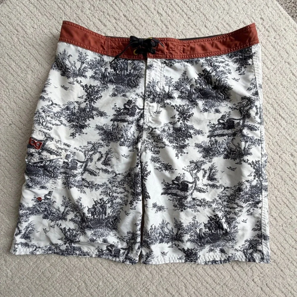 Analog Mens Board Shorts Toile Print Swim Trunks White Black Rust Size 36M Beach